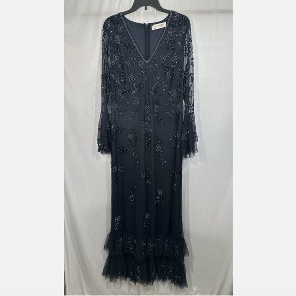 NWT $698 Mac Duggal [ 16W ] Embellished Flutter Tiered Long‎ Sleeve Gown Q634 - Picture 8 of 16